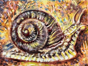 SCHNECKE (HERBST) Original-Ölbild 18 x 24 cm, 2025, Ölfarbe, irisierende Acrylfarbe, Schellack, Glitter auf Leinwand