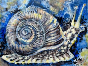 SCHNECKE (WINTER) Original-Ölbild 18 x 24 cm, 2025, Ölfarbe, irisierende Acrylfarbe, Schellack, Glitter auf Leinwand