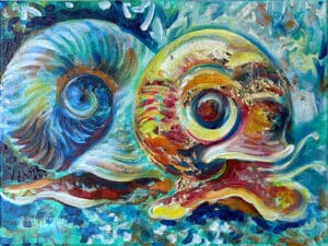 WASSERSCHNECKEN Original-Ölbild 18 x 24 cm, 2025, Ölfarbe, irisierende Acrylfarbe, Schellack, Glitter auf Leinwand