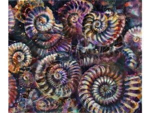 AMMONITEN – URZEIT - Original-Ölbild 50 x 60 cm, 2023, Ölfarbe, irisierende Acrylfarben, Schellack, Walnuss-Sud, Erde, Glitter auf Leinwand