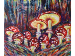 FLIEGENPILZE - Original-Ölbild 50 x 60 cm, 2023, Ölfarbe, Walnuss-Sud, Glitter auf Leinwand