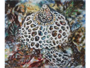 MORCHEL (Phallus indusiatus) - Original-Ölbild 50 x 60 cm, 2023, Ölfarbe, Walnuss-Sud, Schellack, mit Gummiarabicum aufgeklebte, zerkleinerte Walnussschalen, Glitter auf Leinwand
