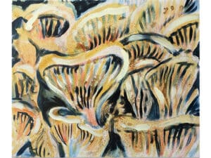 MUSHROOMS (Prada) - Original-Ölbild 50 x 60 cm, 2023, Ölfarbe, Walnuss-Sud, Glitter auf Leinwand