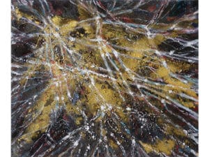 MYZEL - Original-Ölbild 50 x 60 cm, 2023, Ölfarbe, Walnuss-Sud, Schellack, mit Gummiarabicum aufgeklebte, zerkleinerte Walnussschalen, Ölpastellkreiden, Erde, Glitter auf Leinwand