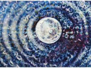 Aus der 6er-Serie COSMIC SWIMMER – INNERER MOND (ANIMA) - Original-Ölbild 80 x 120 x 4,5 cm, 2023, Ölfarbe, irisierende Acrylfarbe, Schellack, Walnuss-Sud, Glimmer auf Leinwand