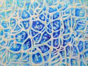 Aus der 6er-Serie COSMIC SWIMMER – WASSERREFLEXIONEN (BLAU) - Original-Ölbild 80 x 120 x 4,5 cm, 2023, Ölfarbe, irisierende Ölkreide, Glimmer auf Leinwand