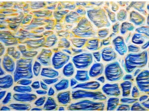 Aus der 6er-Serie COSMIC SWIMMER – WASSERREFLEXIONEN (FARBIG) Original-Ölbild 80 x 120 x 4,5 cm, 2023, Ölfarbe, irisierende Ölkreide auf Leinwand