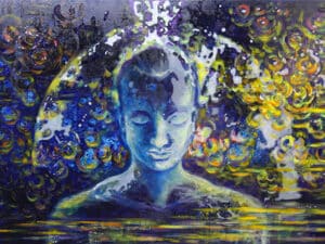 Aus der 6er-Serie STERNENSTAUB – MANN (ANIMUS) - Original-Ölbild 80 x 120 x 4,5 cm, 2024, Ölfarbe, irisierende Acrylfarbe, Neonfarbe, Lack, Schellack, Walnuss-Sud, Glimmer auf Leinwand