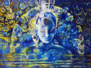 Aus der 6er-Serie STERNENSTAUB – FRAU (ANIMA) - Original-Ölbild 80 x 120 x 4,5 cm, 2024, Ölfarbe, irisierende Acrylfarbe, Neonfarbe, Lack, Schellack, Walnuss-Sud, Glimmer auf Leinwand