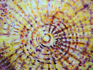 Aus der 6er-Serie STERNENSTAUB – SONNE - Original-Ölbild 80 x 120 x 4,5 cm, 2024, Ölfarbe, irisierende Acrylfarbe, Neonfarbe, Lack, Schellack, Walnuss-Sud, Glimmer auf Leinwand