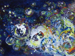 Aus der 6er-Serie STERNENSTAUB – STERNENSTAUB 1 - Original-Ölbild 80 x 120 x 4,5 cm, 2024, Ölfarbe, irisierende Acrylfarbe, Neonfarbe, Lack, Schellack, Walnuss-Sud, Glimmer auf Leinwand