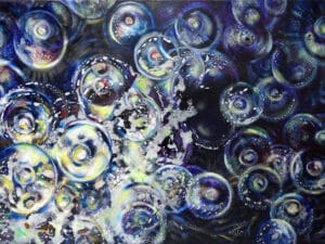 Aus der 6er-Serie STERNENSTAUB – STERNENSTAUB 2 - Original-Ölbild 80 x 120 x 4,5 cm, 2024, Ölfarbe, irisierende Acrylfarbe, Neonfarbe, Lack, Schellack, Walnuss-Sud, Glimmer auf Leinwand