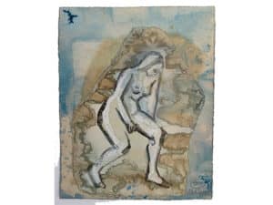 VERSUNKEN-SEIN - Original-Collage 25 x 20 cm, 2021, Tusche, Ölkreide, Farbe aus Färberwaid, collagiert auf präpariertem Papier