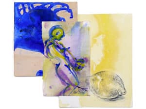 ZITRONENFRAU - Original-Collage 28 x 30 cm, 2021, Graphitstift und Ölfarbe, collagiert auf präparierten Papieren