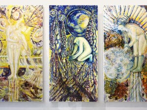 KOSMISCHE GÄRTNERINNEN (Triptychon) - Gärtnerinnen (kosmische Ordnung) + Mondsaat (Anima) + Licht gießen - Original-Ölbilder, je 180 x 90 cm (Triptychon 180 x 270 cm), 2022, Ölfarbe, Gummiarabicum, Blauholz, Walnuss-Sud, Goldfarbe, Schellack, Glitter auf Leinwand
