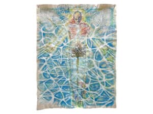 LICHTKÖRPER (BIANCA) - Original-Ölbild 210 x 155 cm, 2023, Ölfarbe, Acrylfarbe, Gummiarabicum, Schellack, Pflanzenblätter aufgeklebt, Abdrücke von Pflanzenblättern, Glimmer auf Leinwand (mit Ösen zum Hängen – ohne Keilrahmen)