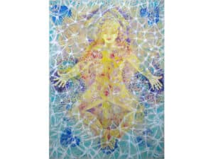 LICHTKÖRPER (ROCCO) – GOD'S KID - Original-Ölbild 210 x 155 cm, 2023, Ölfarbe, Acrylfarbe, Gummiarabicum, Schellack, Pflanzenblätter aufgeklebt, Abdrücke von Pflanzenblättern, Glimmer auf Leinwand (mit Ösen zum Hängen – ohne Keilrahmen)