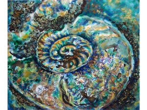 AMMONIT (TÜRKIS) - Original-Ölbild 50 x 60 cm, 2023, Ölfarbe, Walnuss-Sud, zerkleinerte Walnuss-Schalen geklebt mit Gummiarabicum, Schellack, irisierende Acrylfarben, Glitter auf Leinwand