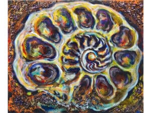 AMMONIT (VIOLETT_GELB) - Original-Ölbild 50 x 60 cm, 2023, Ölfarbe, Walnuss-Sud, zerkleinerte Walnuss-Schalen geklebt mit Gummiarabicum, Schellack, irisierende Acrylfarben, Glitter auf Leinwand