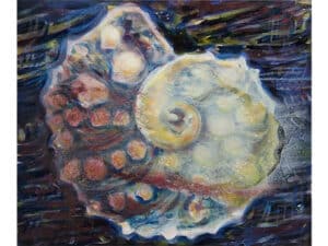 AMMONIT DISCOSCAPHITES - Original-Ölbild 50 x 60 cm, 2023, Ölfarbe, Walnuss-Sud, zerkleinerte Walnuss-Schalen geklebt mit Gummiarabicum, Schellack, irisierende Acrylfarben, Glitter auf Leinwand