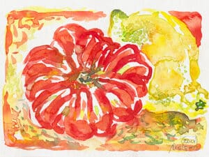 FLEISCHTOMATE MIT ZITRONE - Original-Aquarell auf Aquarellpapier, 17 x 24 cm, 2024