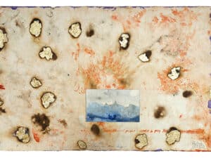 FIRE IN THE SKY - Original-Collage 53 x 78 cm, 2024, Feuer, Blattgold, blaue Tusche auf präpariertem Papier collagiert auf Büttenpapier