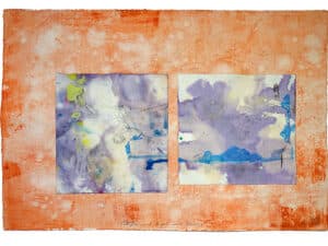 WÖLFIN UND ENGEL MIT KRANZ - Original-Collage 53 x 78 cm, 2024, Graphitstift auf präparierten Papieren collagiert auf malerisch orangefarben bearbeitetem Büttenpapier