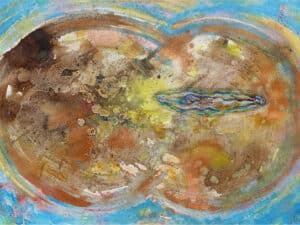 INFINITY - Original-Collage 58 x 78 cm, 2024, Ölfarbe, Schellack, Walnuss-Sud, Pigmente, Glimmer auf Büttenpapier, collagiert mit auf Transparentpapier gedruckter Schwimmerin