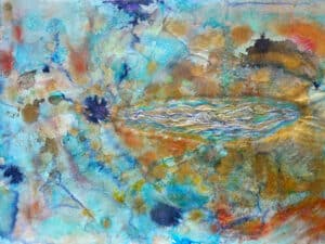 COSMIC OCEAN - Original-Collage 58 x 78 cm, 2024, Ölfarbe, irisierenden Acrylfarbe, Tusche, Walnuss-Sud, Pigmente, Glimmer auf Büttenpapier, collagiert mit auf Transparentpapier gedruckter Schwimmerin