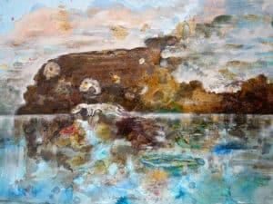 DEEP COSMIC DIVING - Original-Collage 58 x 78 cm, 2024, Ölfarbe, Schellack, Walnuss-Sud, Pigmente, Glimmer auf Büttenpapier, collagiert mit auf Transparentpapier gedruckter Schwimmerin