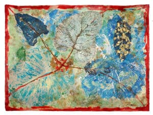 WACHSTUMSKREUZ - Original-Collage 78 x 106 cm, 2024, collagierte Blätter von Bäumen und deren Abdruck, Blattgold, rote Lackfarbe, Schellack, Linoldruckfarbe, irisierende Acrylfarbe auf Büttenpapier