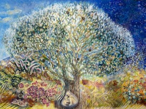 LEBENSBAUM - Original-Ölbild 210 x 300 cm, 2025, Ölfarbe, Schellack, Walnuss-Sud, zerkleinerte Walnuss-Schalen aufgeklebt mit Gummiarabicum, irisierende Acrylfarbe, Glimmer, Blattgold auf Leinwand (mit Ösen zum Hängen – ohne Keilrahmen)