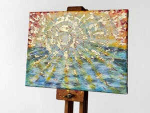 JEDEM SEINE SONNE Nr. 38 - Original-Ölbild 18 x 24 cm, Ölfarben, Schellack, Walnuss-Sud, Schlagmetall oder Blattgold, Blattsilber, Glitter auf Leinwand